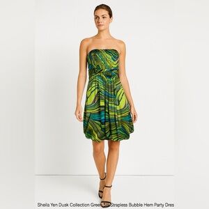 Sheila Yen Dusk Collection Green 100% Silk Strapless Bubble Hem Party Dress 8